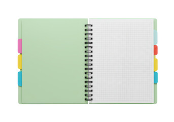 Isolated Open Spiral Notebook with Graph Paper and Colorful Index Tabs, Ideal for Academic Organization and Design Projects