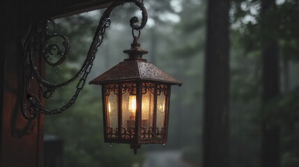 A weathered, ornate lantern hangs in a misty rain-soaked forest, illuminating a peaceful, nostalgic scene.