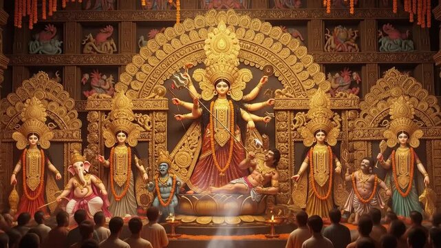 "Happy Navratri Festival Celebration with Kalash, Flowers, Diyas and Goddess Silhouette"