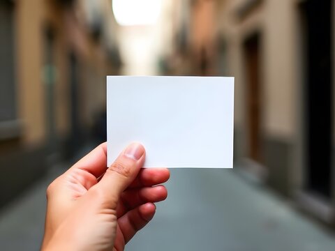 A hand holds a blank white card against a blurred urban backdrop, horizontal composition. The soft focus enhances the clean lines and bright contrast of the minimalist design.