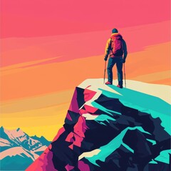 Fototapeta premium Person Climbing Snow-Capped Mountain Peak at Sunset with Bright Colors and Dramatic Sky