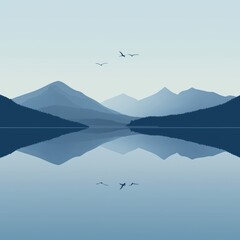 Serene Mountain Lake Scene with Reflection of Mountains and Flying Birds in Calm Waters