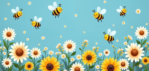 Seamless pattern features cheerful cartoon bees buzzing around garden filled with daisies, sunflowers. Vibrant, pastel illustration uses blue background with repeating elements, perfect for whimsical