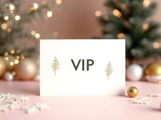 Elegant VIP invitation card featuring gold accents and a minimalist design rests on a blush pink surface, horizontal composition. Soft bokeh lights and festive ornaments create a luxurious Christmas.
