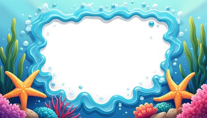 Whimsical underwater frame with colorful coral, starfish, seaweed. Bubbly blue water wave border surrounds blank white space, perfect for invitations greeting cards. Features vibrant ocean life,
