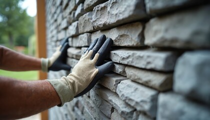Mason wearing gloves installs stone veneer on exterior wall. Close-up on hands carefully placing textured stones. Modern home exterior renovation showing masonry expertise and refined style.