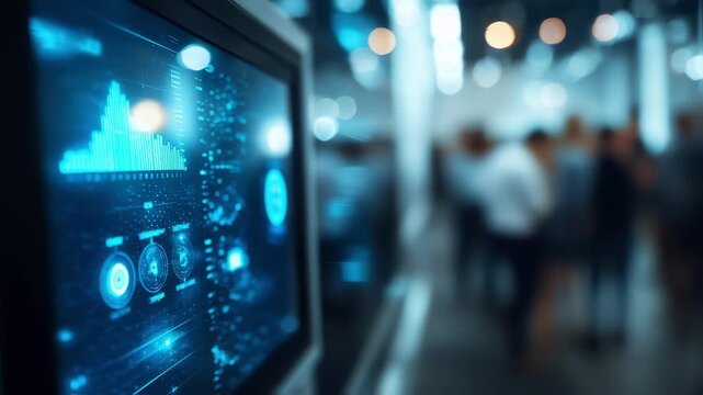 Medium closeup of blockchain tithing app transaction verification on kiosk display highlighting secure transparent donations while background figures and elements remain softly out