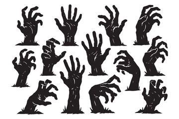 Obraz premium Collection of zombie hands reaching out in a horror themed illustration isolated on white background