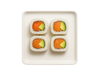 Four salmon avocado sushi rolls on a square plate a delicious meal