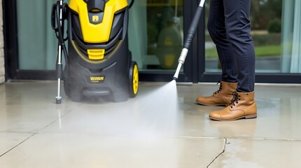 A person wearing brown work boots uses a powerful yellow and black pressure washer to clean a tiled outdoor patio area with a strong jet of water