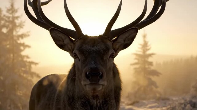 Majestic stag standing on a snowy hilltop at sunrise, surrounded by frosted pine trees, casting long shadows in the serene winter landscape, evoking tranquility and natural beauty