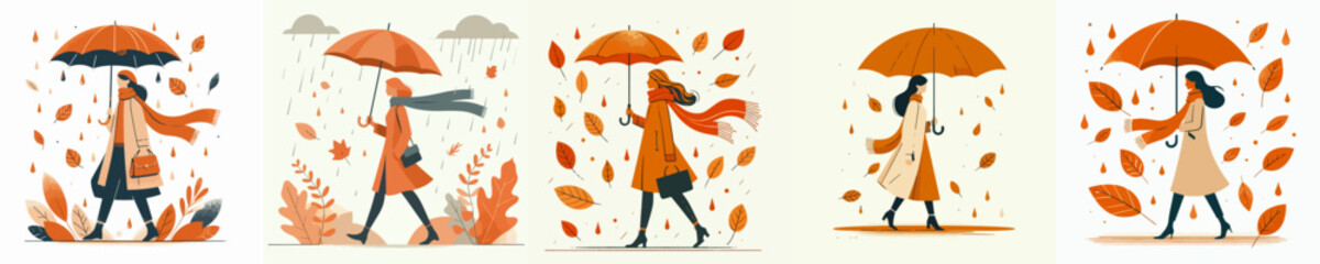 vector of a woman walking with an umbrella in autumn © Andi