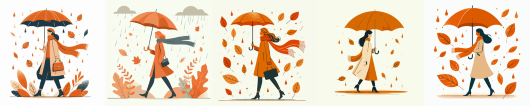 vector of a woman walking with an umbrella in autumn