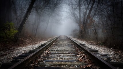 Fototapeta premium A misty, atmospheric railroad track through a somber woodland, with muted colors and a sense of mystery.