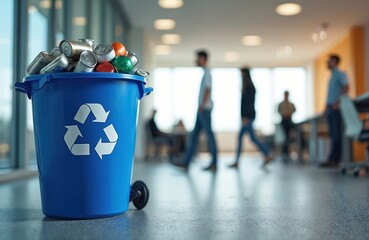 Blue recycling bin with prominent white recycle symbol overflows with aluminum cans, colorful spheres in modern office setting. Blurred figures of people walk in background, suggesting busy workspace