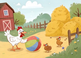     In a sunny farmyard, a cheerful hen pecks at a colorful round ball while a curious duck nudges it forward with its beak, haystacks piled in the background, a rustic red barn hen and chicken