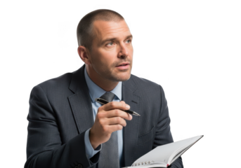 Serious businessman in suit holding pen and notepad thinking planning strategy isolated on transparent background
