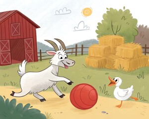 In a lively farmyard, a playful goat nudges a bright red ball with its horns while a curious duck chases after it, hay bales stacked in the background, a rustic wooden fence surrounding the yard, and 