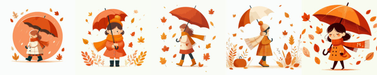 vector of a little girl walking with an umbrella in autumn