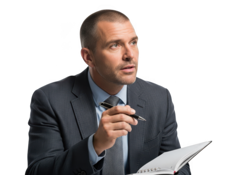 Serious businessman in suit holding pen and notepad thinking planning strategy isolated on transparent background - Powered by Adobe