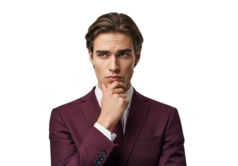 Pensive businessman in burgundy suit, thinking deeply, looking left, portrait, professional headshot, isolated on transparent background