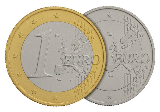 Isolated Close-up Shot of Two Euro Coins Featuring the Map of Europe, Stars, and the Word 'Euro' in Silver and Gold Metal, Representing European Currency and Monetary System