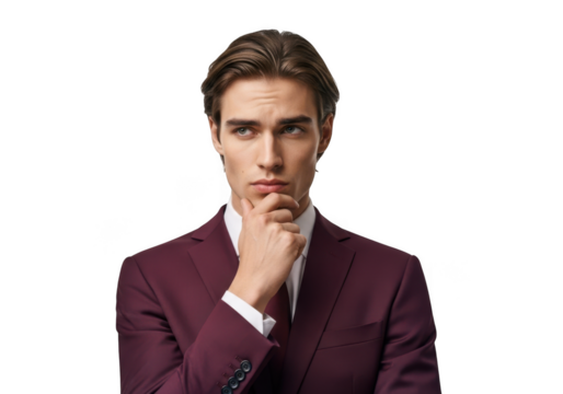 Pensive businessman in burgundy suit, thinking deeply, looking left, portrait, professional headshot, isolated on transparent background