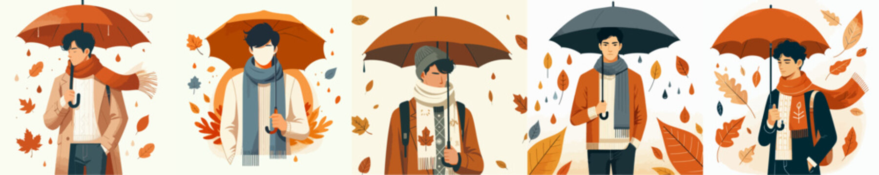 vector of a half body man walking with an umbrella in autumn