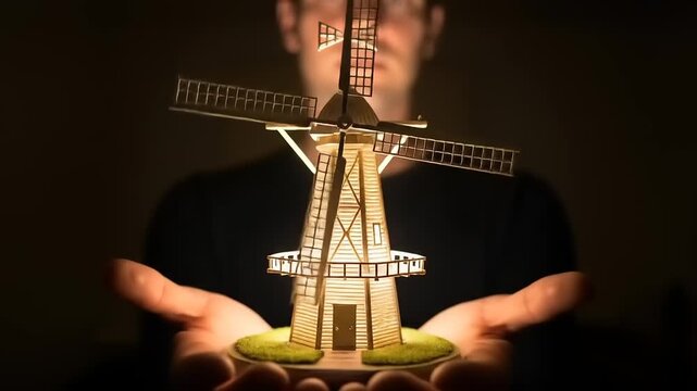 A person holds a glowing miniature windmill in their hands, showcasing creativity in a dark setting