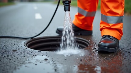 Close up of a worker in bright orange reflective pants and black boots using a high pressure hose to clean a storm drain on a wet street