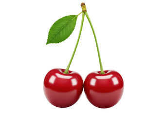 Isolated Close-up Studio Shot of Two Shiny Red Cherries on a Single Stem with a Leaf Against a White Background