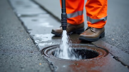 Worker in orange high visibility work pants and boots pressure washing a storm drain on a wet city street with water spraying powerfully