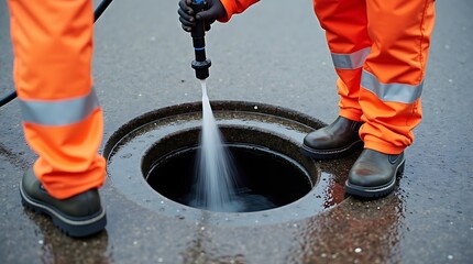 A worker in bright orange protective clothing uses a high pressure water jet to clean a circular drain opening on a wet paved surface
