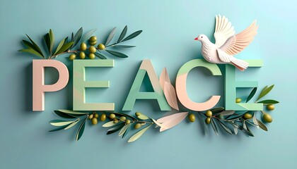 International Day of Peace September 15 Beige “PEACE” text with white doves and green olive branches on soft background,