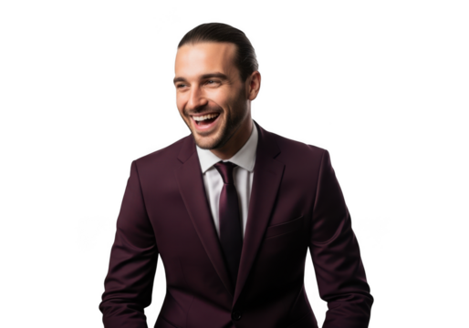 Smiling businessman in burgundy suit png image, professional man laughing portrait, corporate headshot, isolated on transparent background - Powered by Adobe