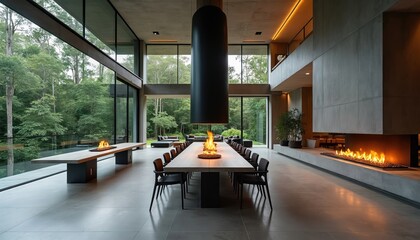 Modern open-plan home interior featuring long dining table with suspended fireplace. Concrete floors, walls complement minimalist decor. Large windows offer views of rich green forest, creating