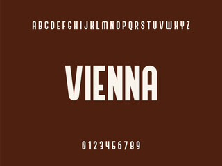 Vienna Typography Design with White Uppercase Letters, Alphabet, and Numbers 0-9 on Solid Dark Brown Background, Modern Educational Text Graphic.