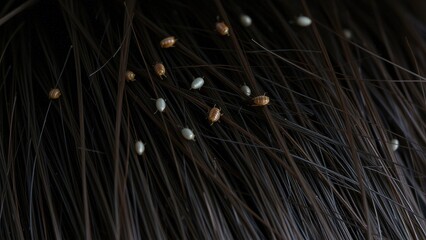 Close-up of head lice and nits on dark hair parasite