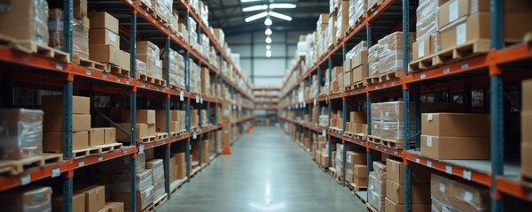 Fototapeta premium Expansive warehouse interior featuring tall shelves stocked with numerous cardboard boxes. Aisles create perspective view within hardware store. Industrial setting organized for efficient logistics,