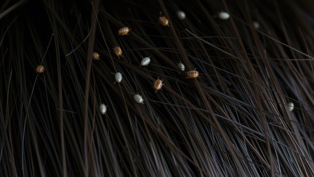 Close-up of head lice and nits on dark hair parasite