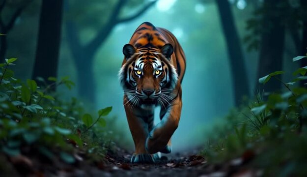 Wild tiger running through dense forest in dynamic motion