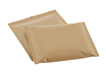 Isolated Close-up Studio Shot of Two Brown Paper Pillow Packs Side-by-Side and Slightly Overlapping Each Other Against a White Background with Intricate Texture and Details