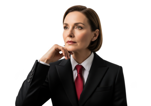 Professional businesswoman in suit with red tie thinking pensive portrait stock photo png image for design and marketing isolated on transparent background