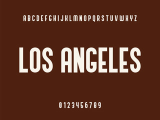 Los Angeles Typography Design with White Uppercase Letters, Alphabet, and Numbers 0-9 on Solid Dark Brown Background, Modern Educational Text Graphic.