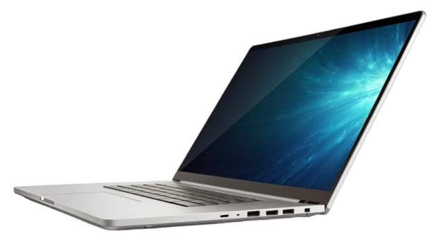Sleek Silver Laptop Computer on Transparent Background with Blue Screen