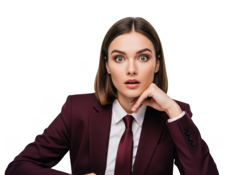Surprised businesswoman in burgundy suit looking shocked and concerned with hand on chin png image isolated on transparent background - Powered by Adobe