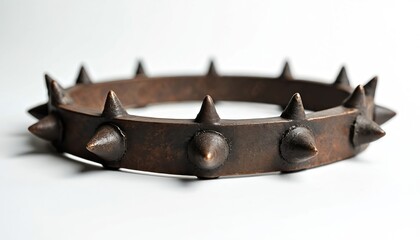 Spiked metal collar, likely medieval restraint punishment tool. Rustic, rust-eaten iron craftsmanship. Artifact suggests historical bondage, survival gear, unique display item. Strong metalwork.