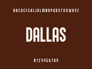 Dallas Typography Design with White Uppercase Letters, Alphabet, and Numbers 0-9 on Solid Dark Brown Background, Modern Educational Text Graphic.
