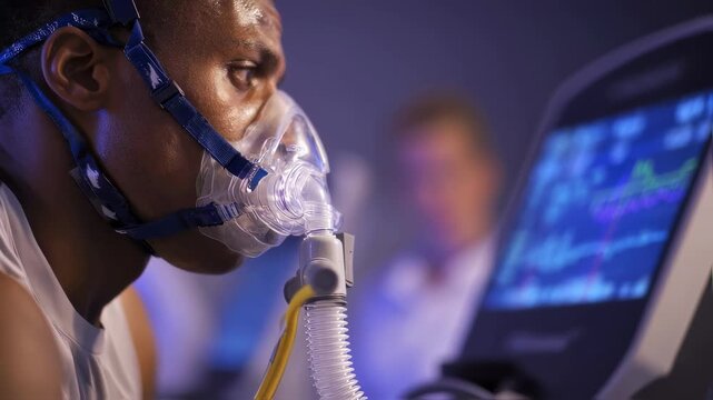 Athlete in midexercise on treadmill during VO2max test face determined and mask attached while digital display and medical staff are deliberately blurred.