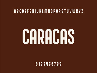 Caracas Typography Design with White Uppercase Letters, Alphabet, and Numbers 0-9 on Solid Dark Brown Background, Modern Educational Text Graphic.